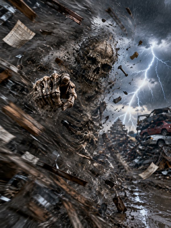 Mud-caked skeletal figure points directly at the viewer, emerging from a swirling debris tornado ...