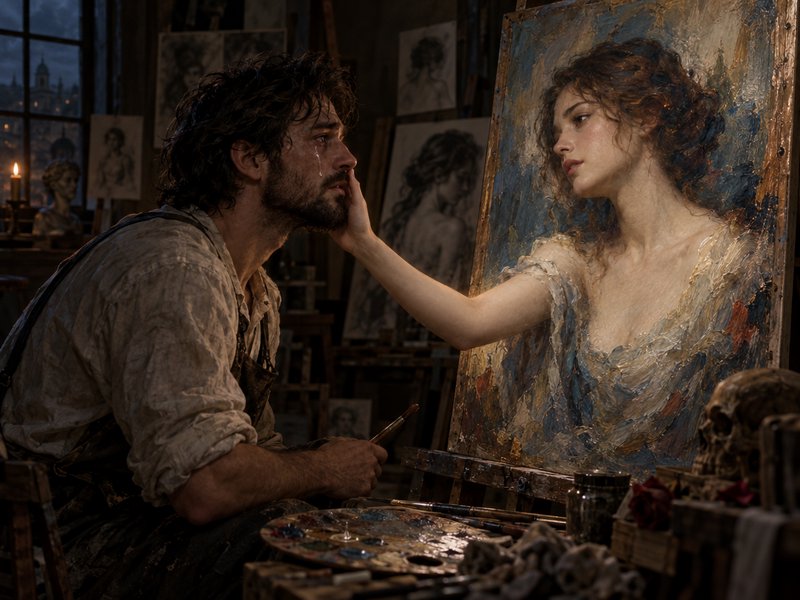 Surreal scene of a tearful bearded painter, where the woman in his easel portrait reaches out to ...