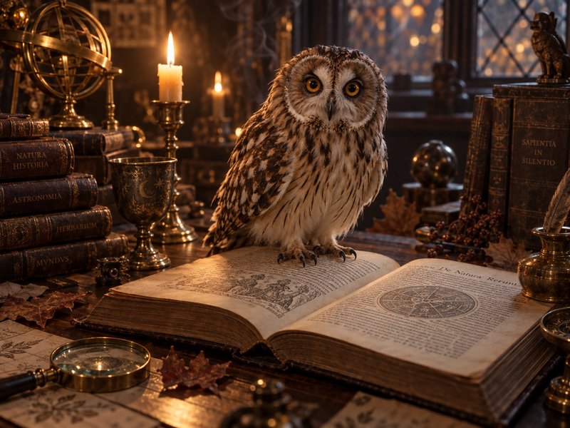 Wide-eyed spotted owl perches on an open antique manuscript atop a candlelit vintage scholar's de...