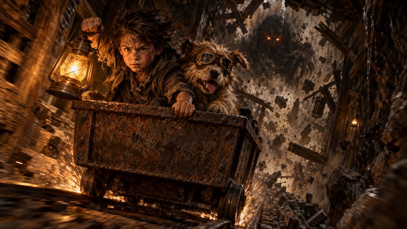 Determined dirt-covered boy with lantern and goggle-wearing dog ride a runaway mine cart fleeing ...