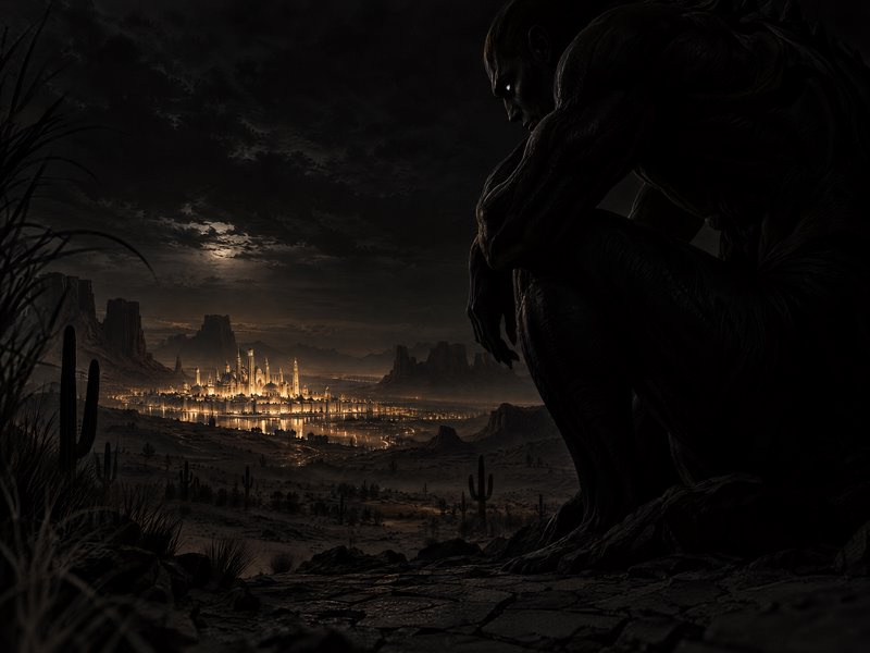 Crouched dark giant creature overlooks a glowing spired fantasy desert city under a moonlit night...