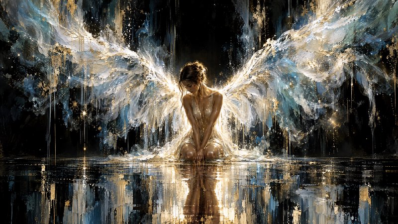 Kneeling glowing angel with abstract iridescent wings reflected in dark still water