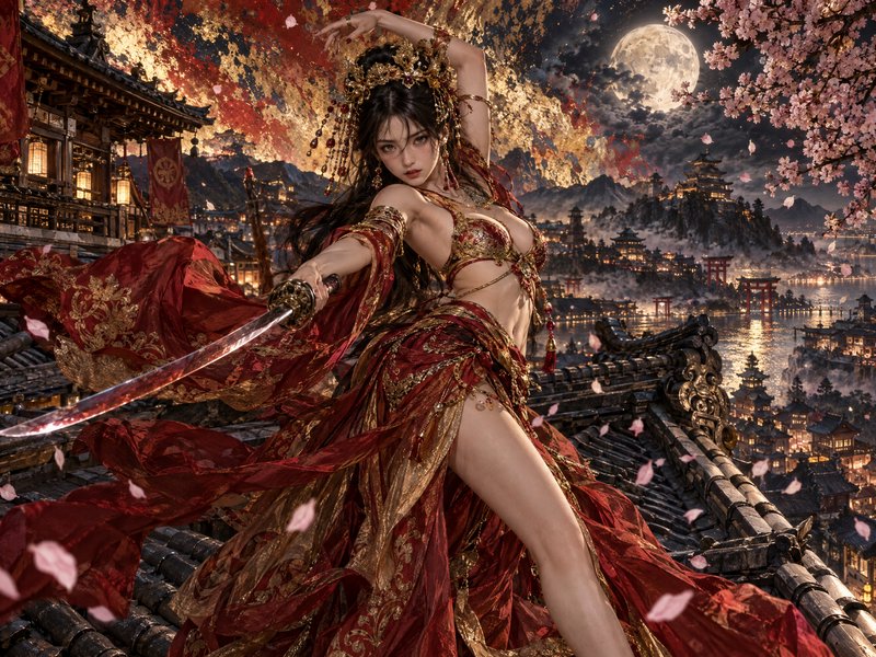 Fierce fantasy female warrior in ornate red and gold robes holds a katana standing on a temple rooftop under a full moon