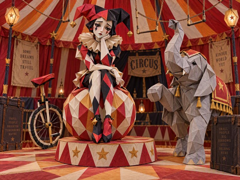 Melancholic origami harlequin jester sits on a circus ball beside an origami elephant inside a vi...