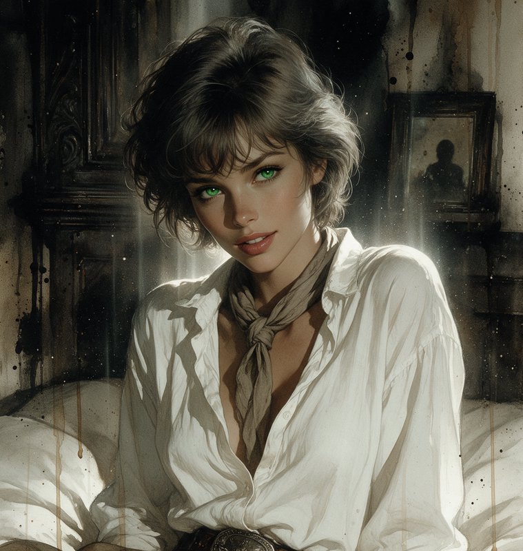 Painterly portrait of a woman with short tousled hair and vivid green eyes in a sunlit vintage room