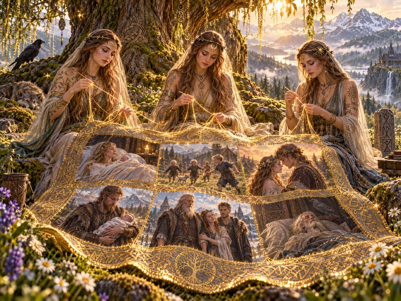 Three mythic Norns weave a glowing golden fate tapestry beneath an ancient sacred World Tree