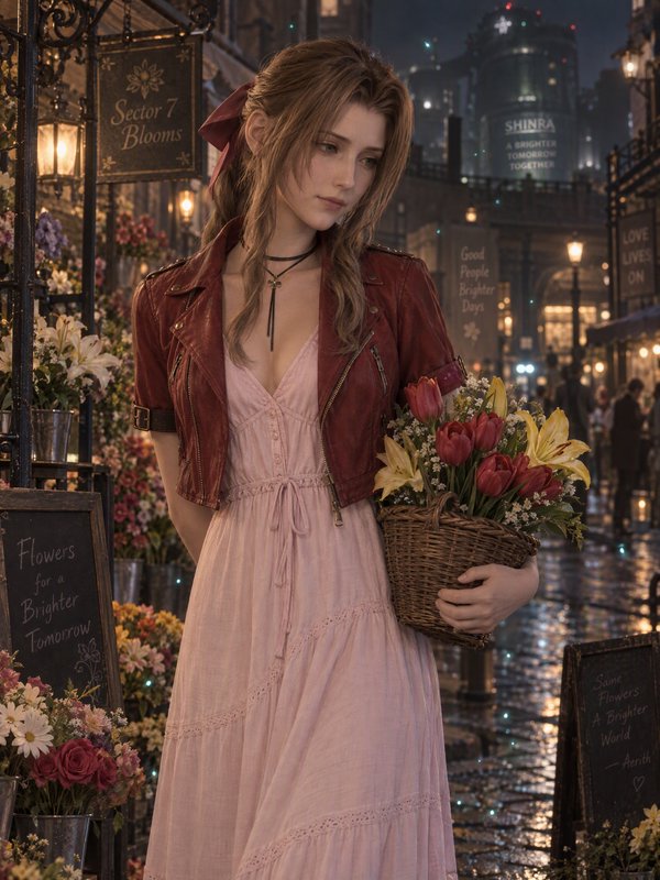 Aerith Gainsborough holds a flower basket at her Sector 7 Midgar flower stall on a rainy dusk eve...