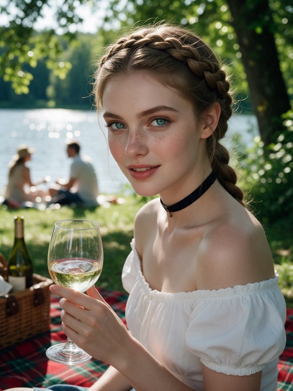 Young woman with braided hair holds a white wine glass at a sunny lakeside picnic