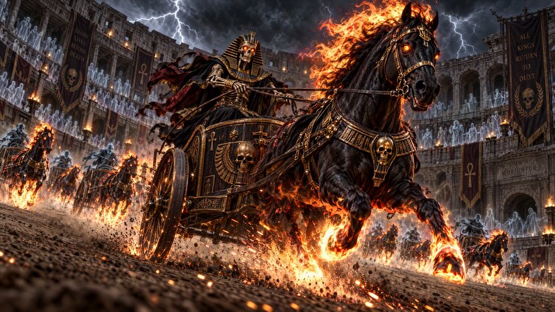 Skeletal undead pharaoh drives a flaming horse chariot during a stormy supernatural coliseum race