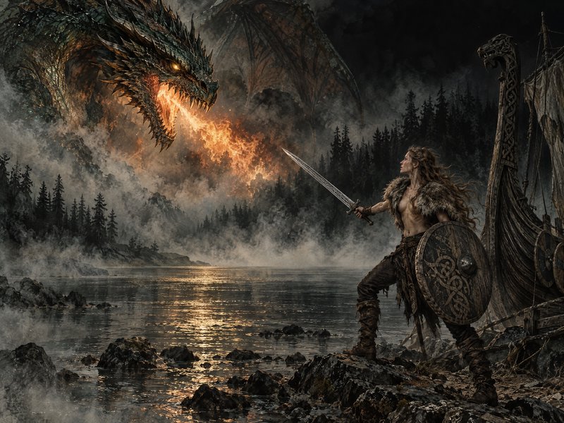 Female viking warrior with sword and shield confronts a fire-breathing dragon on a misty rocky fj...