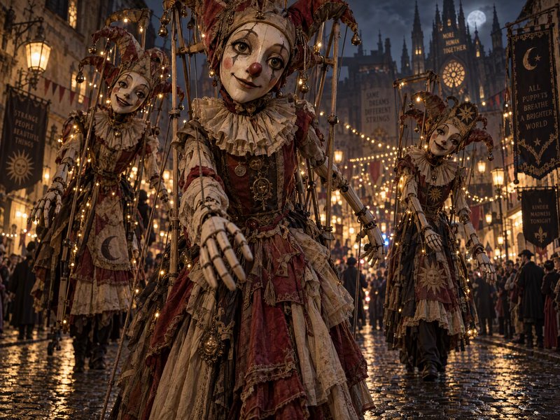 Giant ornate jester marionettes parade down a wet cobblestone medieval city street at moonlit twi...