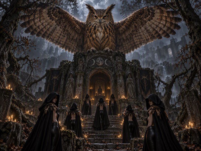 Giant mythical owl spreads wide wings atop an ancient stone temple as hooded priestesses gather f...