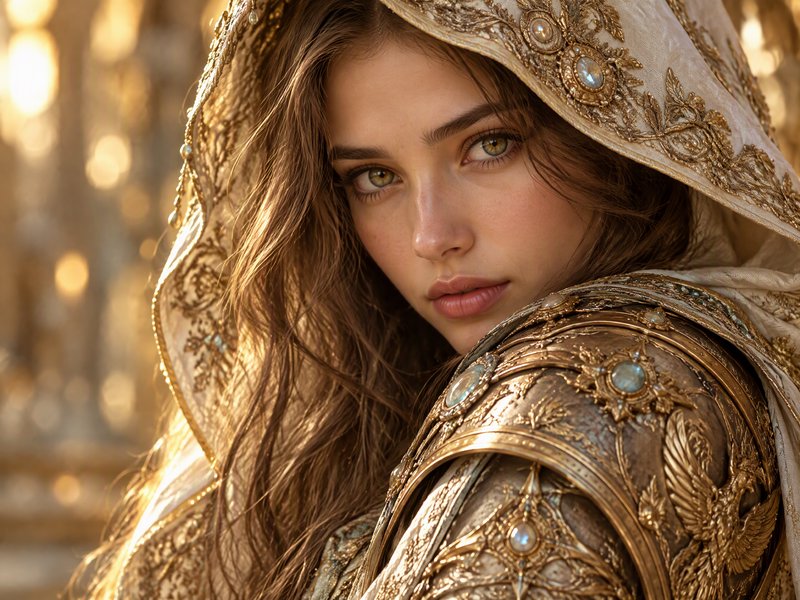 Young fantasy warrior in ornate gilded armor and embroidered hood gazes directly at the viewer in...