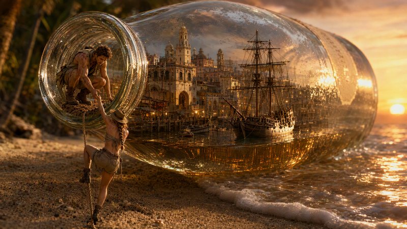 Explorer helping a partner climb into a giant glass bottle holding a port city on a sunset beach