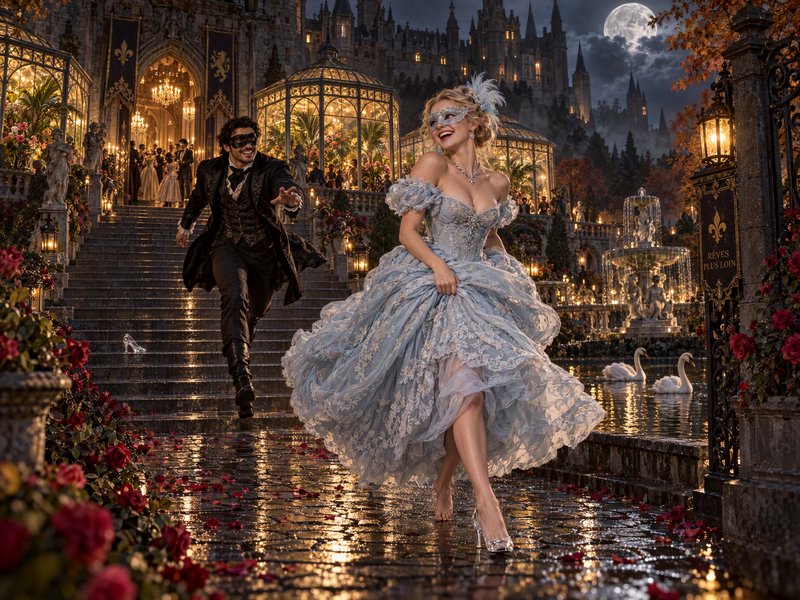 Masked Cinderella runs laughing from a royal masquerade ball as the prince chases her, one glass ...