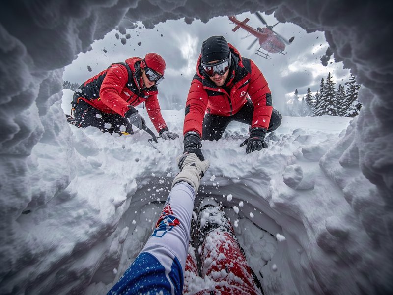 Avalanche rescuers reach down to pull a trapped skier from a deep snow cavity, view from inside t...