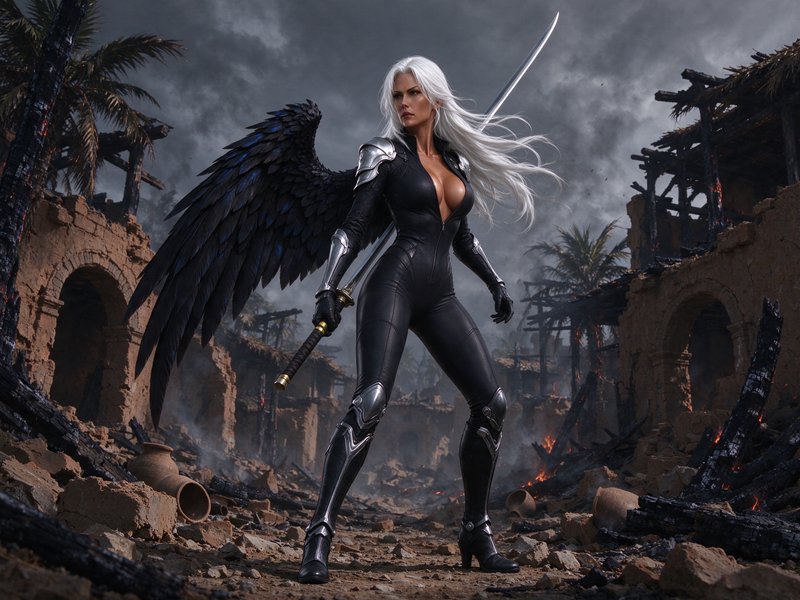 White-haired fallen angel warrior with black wings holds a katana standing in smoldering village ruins