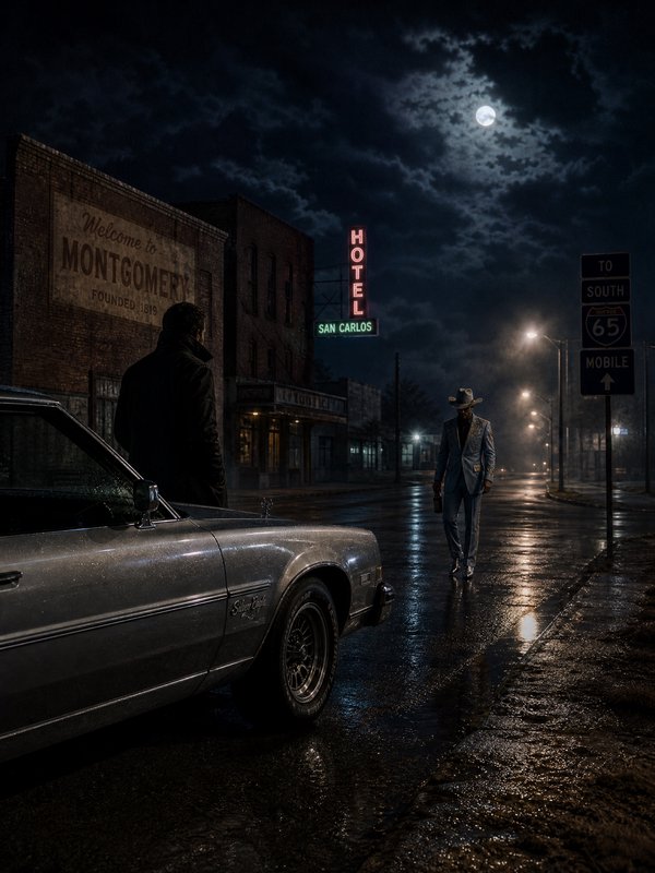 Full moon hangs over a rain-slicked historic Montgomery street at night, with a vintage sedan and two figures on the sidewalk