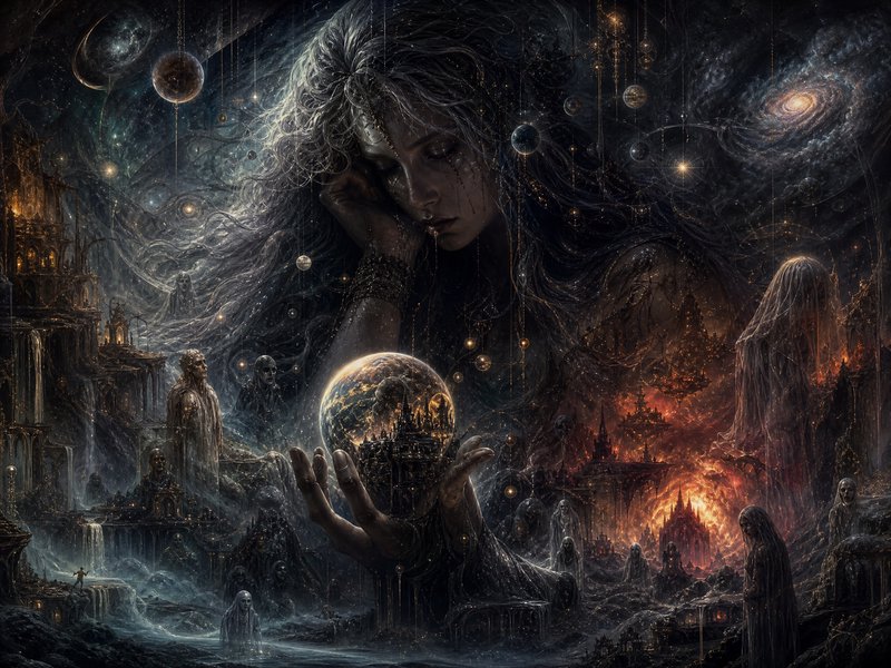 Sorrowful cosmic goddess holds a glowing world orb surrounded by celestial realms and ghostly spi...