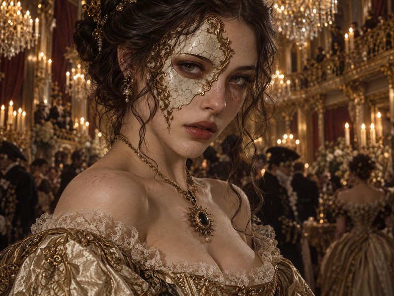 Woman wearing an ornate gold masquerade mask stands at a lavish gilded palace ball