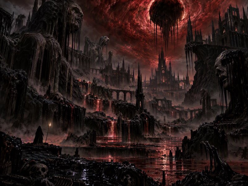 Foreboding dark fantasy hellscape with giant obsidian statues, gothic citadels, and swirling bloo...