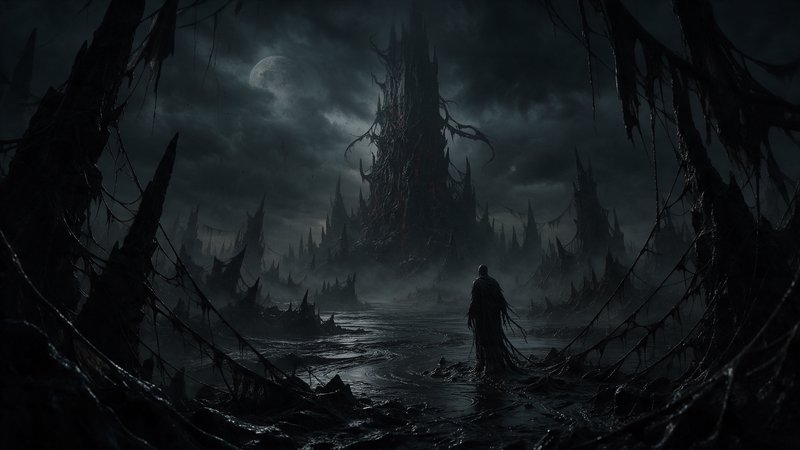 Lone robed figure stands in a misty moonlit swamp facing a massive twisted gothic fortress