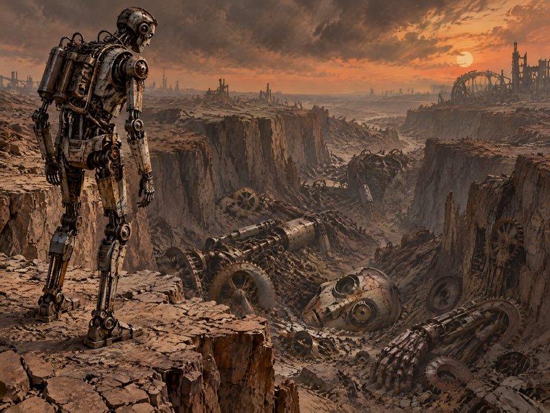 Rusted steampunk robot stands on a cliff edge overlooking a canyon of wrecked giant machine remains at sunset
