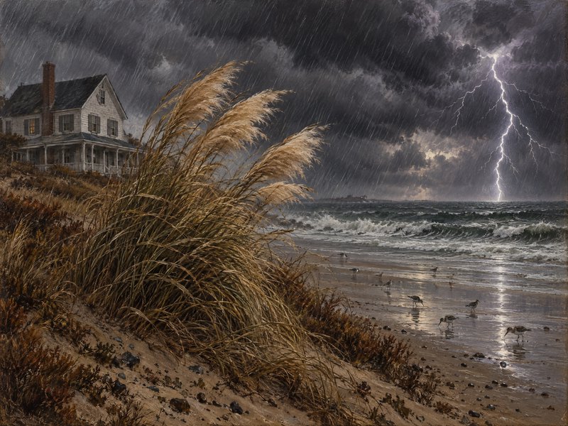 Old coastal beach cottage on sand dunes as lightning strikes the churning ocean during a heavy th...
