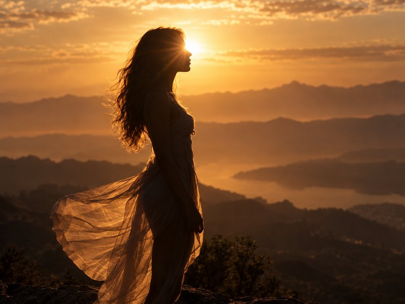 Silhouette of a woman in a flowing sheer dress standing on a mountain ridge at golden sunset
