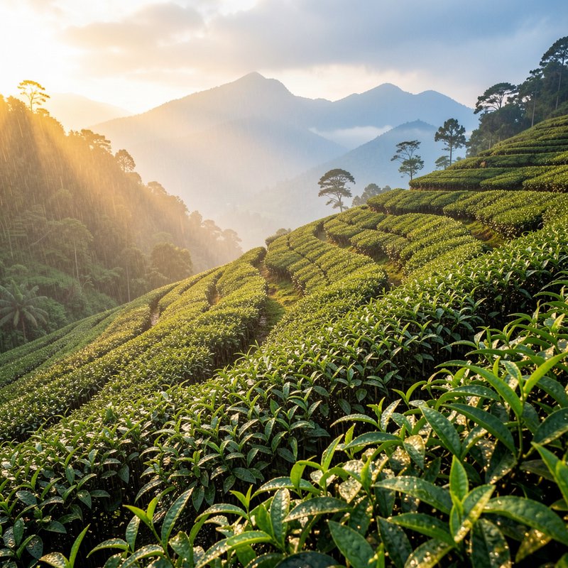 Golden sunrise over terraced mountain tea plantation, with misty distant peaks and sunbeams filtering through light rain.
