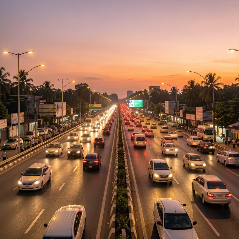 High-angle view of busy evening rush hour traffic on a palm-lined city highway during warm pastel...