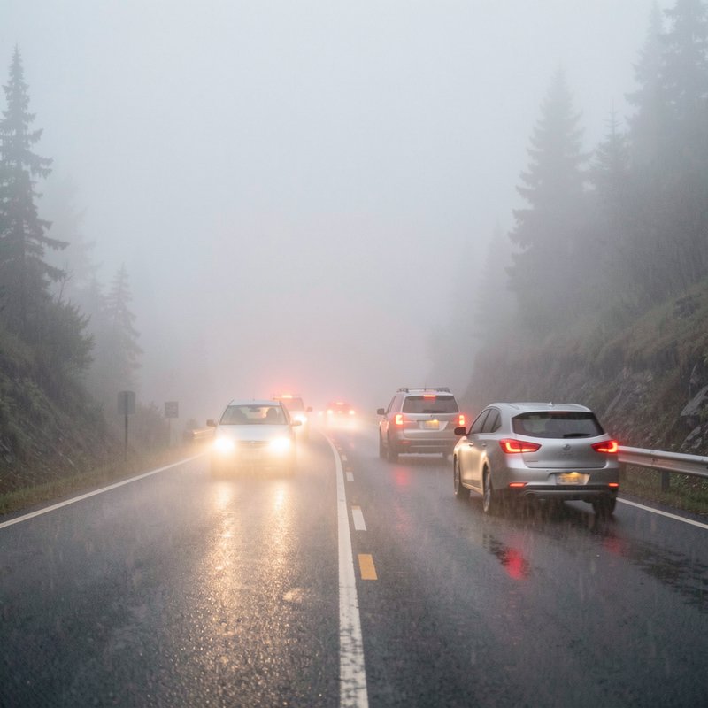 Cars drive on a rain-soaked foggy mountain highway, glowing headlights cutting through thick mist...