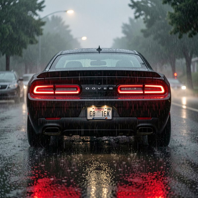 Rear view of black Dodge Challenger with glowing red taillights stopped on a puddled rainy city s...