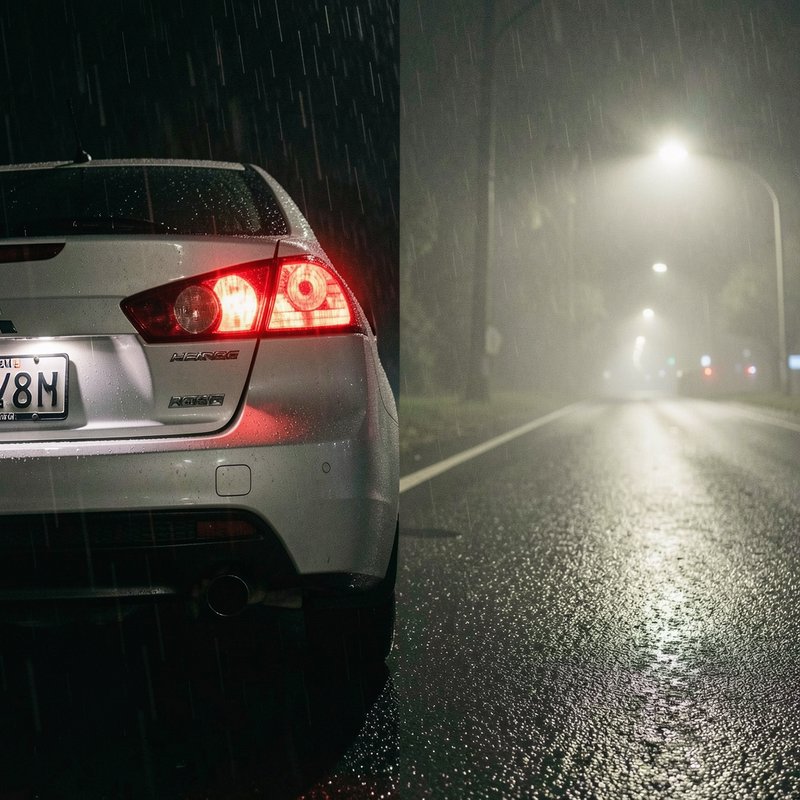 [Split diptych: left shows rear of silver sedan, right shows foggy wet empty suburban road during heavy rainy night under ...