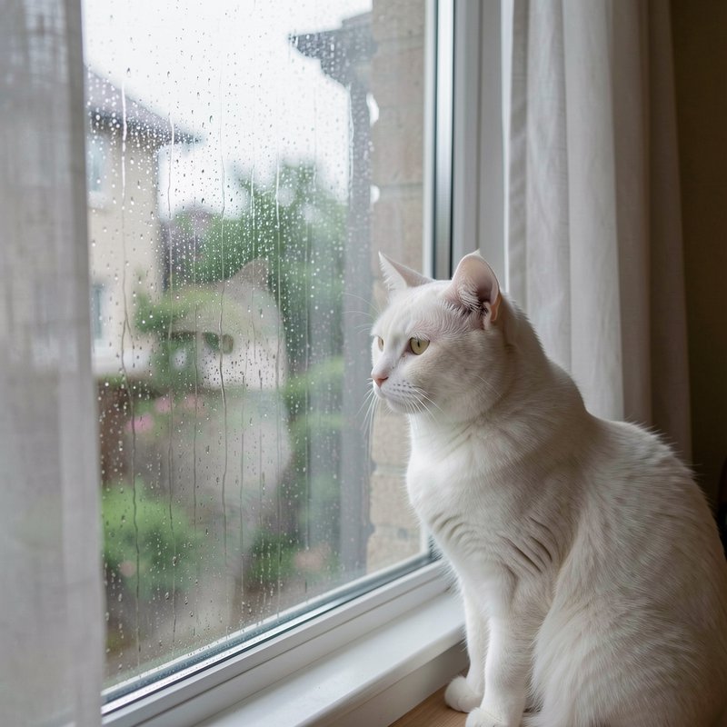 White fluffy domestic cat sitting on a windowsill, gazing out a rain-streaked residential window.