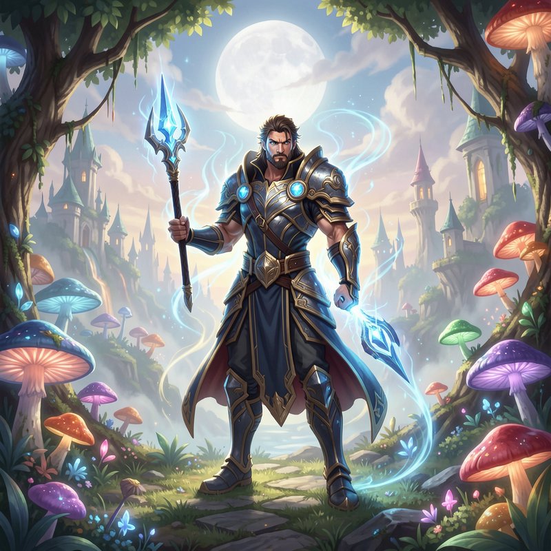 Armored fantasy warrior holding glowing magic staff stands in an enchanted mushroom forest beneat...