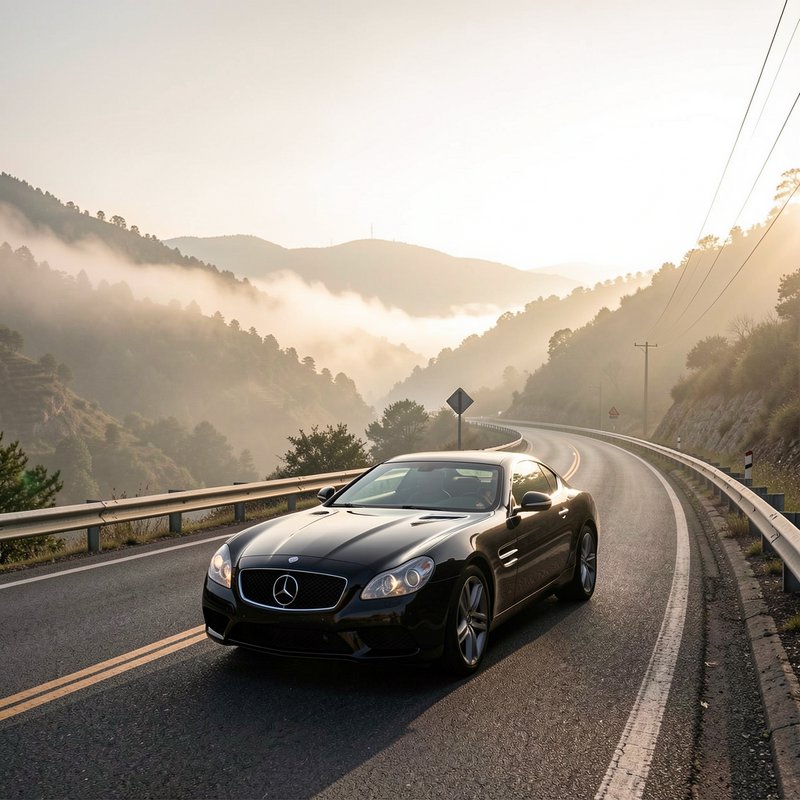Black Mercedes sports coupe parked on a winding mountain highway at foggy golden sunrise