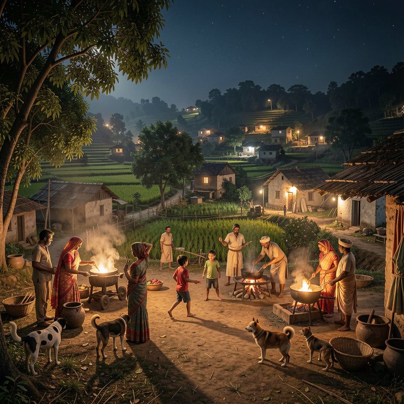 Villagers gather to cook over open fires in a hilly rural farming village under a starry night sky