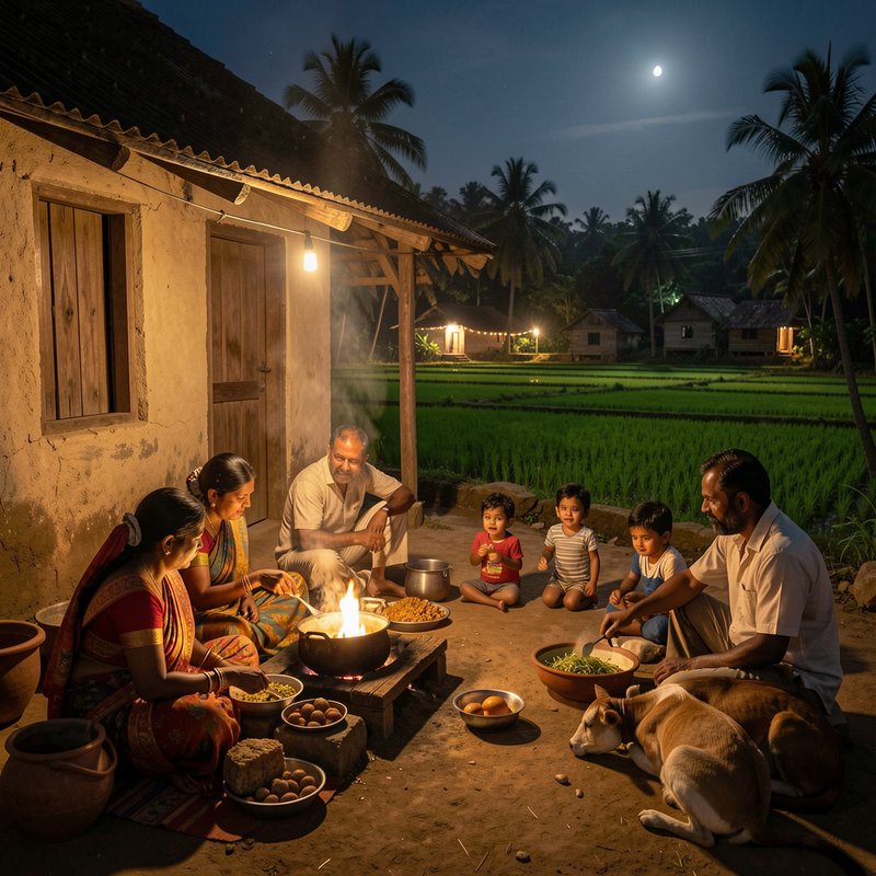 Multigenerational rural Indian family shares an outdoor evening meal outside a mud home beside mo...