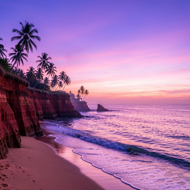 [Silhouetted palm trees top red coastal cliffs overlooking a sandy tropical beach at a glowing purple-pink sunset]