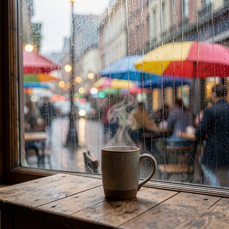 Steaming ceramic coffee mug on a rustic cafe windowsill, raindrops on glass overlooking a rainy c...