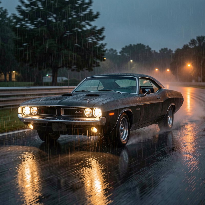 Vintage dark 1970s Dodge Challenger drives on rain-soaked road at dusk, headlights glowing in fal...