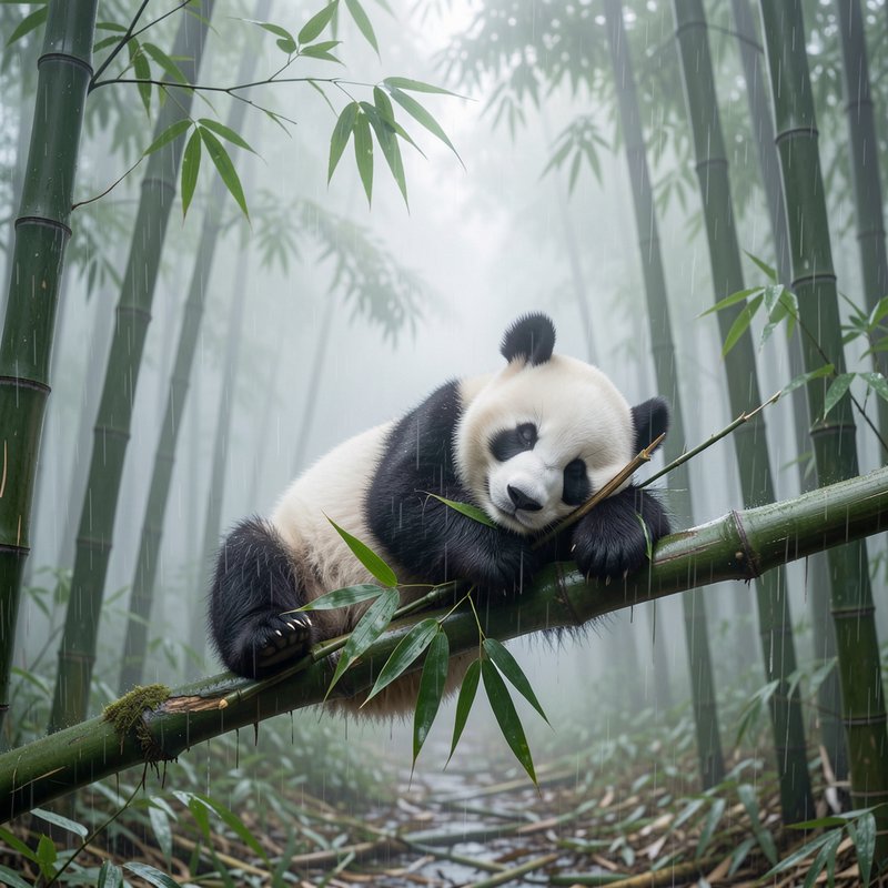 Sleepy giant panda rests lazily on a thick bamboo branch in a misty, rainy bamboo forest.