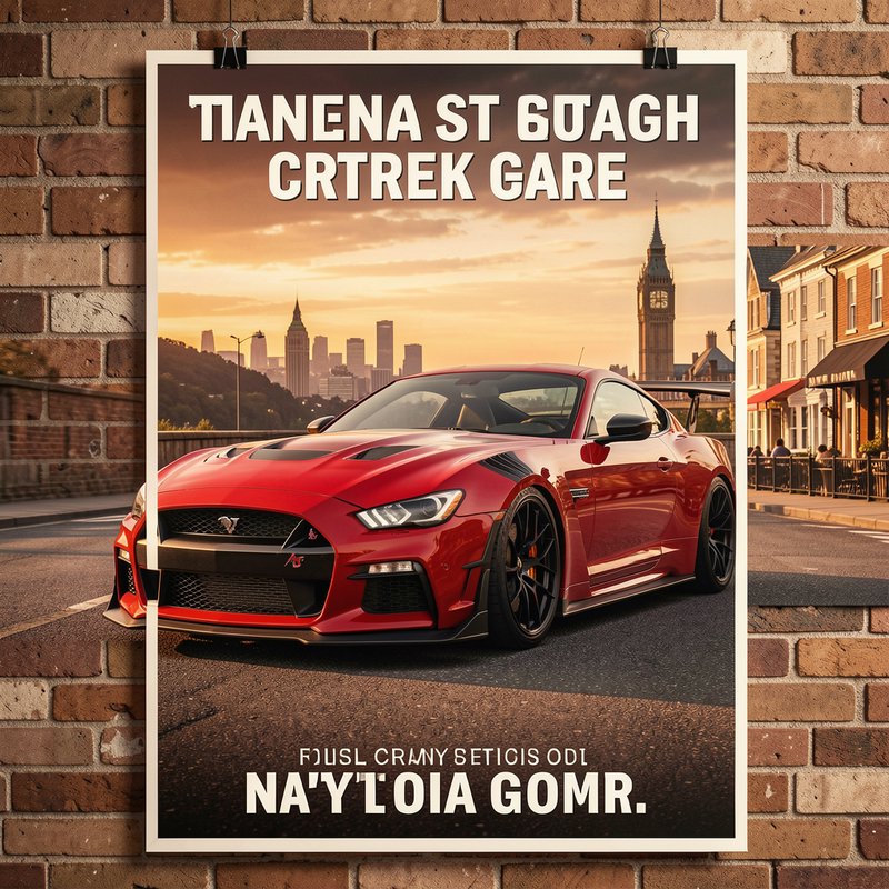 Mockup poster hung on brick wall, featuring a glossy red widebody sports car, garbled AI text, an...