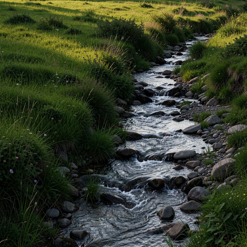 Sunlit rocky stream flows gently through lush green grassy meadow, lined with wild grasses at golden hour.