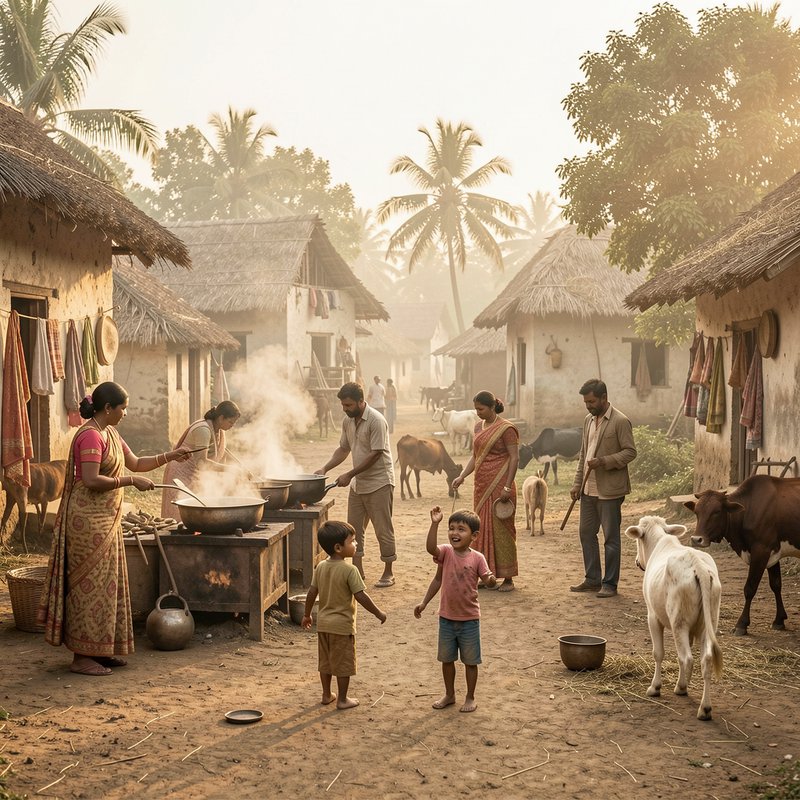 Hazy golden sunrise in a rural Indian village, where families cook outside thatched huts as child...