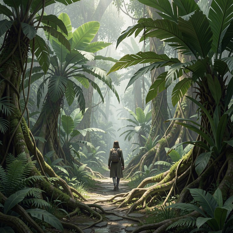 Lone hiker with a backpack walks along a misty stone path through a lush tropical rainforest
