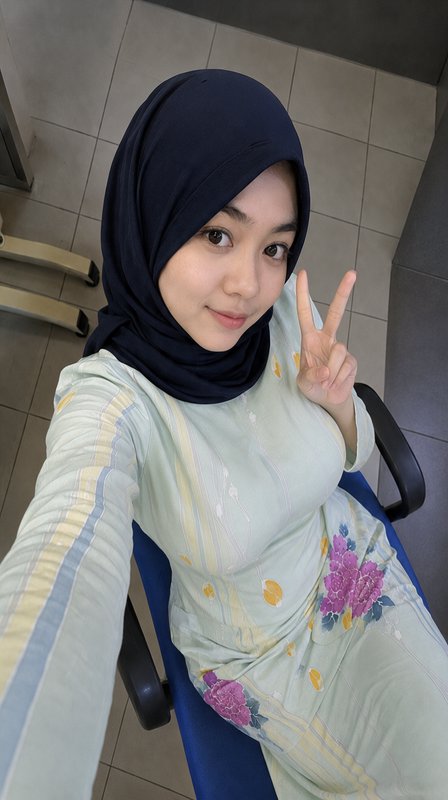 Cheerful young woman in a navy hijab takes a casual selfie, holding up a peace sign while seated ...