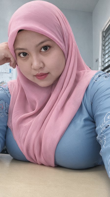 Selfie portrait of a hijabi woman in a soft pink hijab and blue top, resting her hand gently agai...