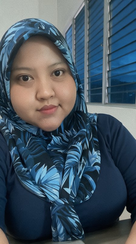 Woman in blue leaf-patterned hijab takes a casual indoor selfie at dusk